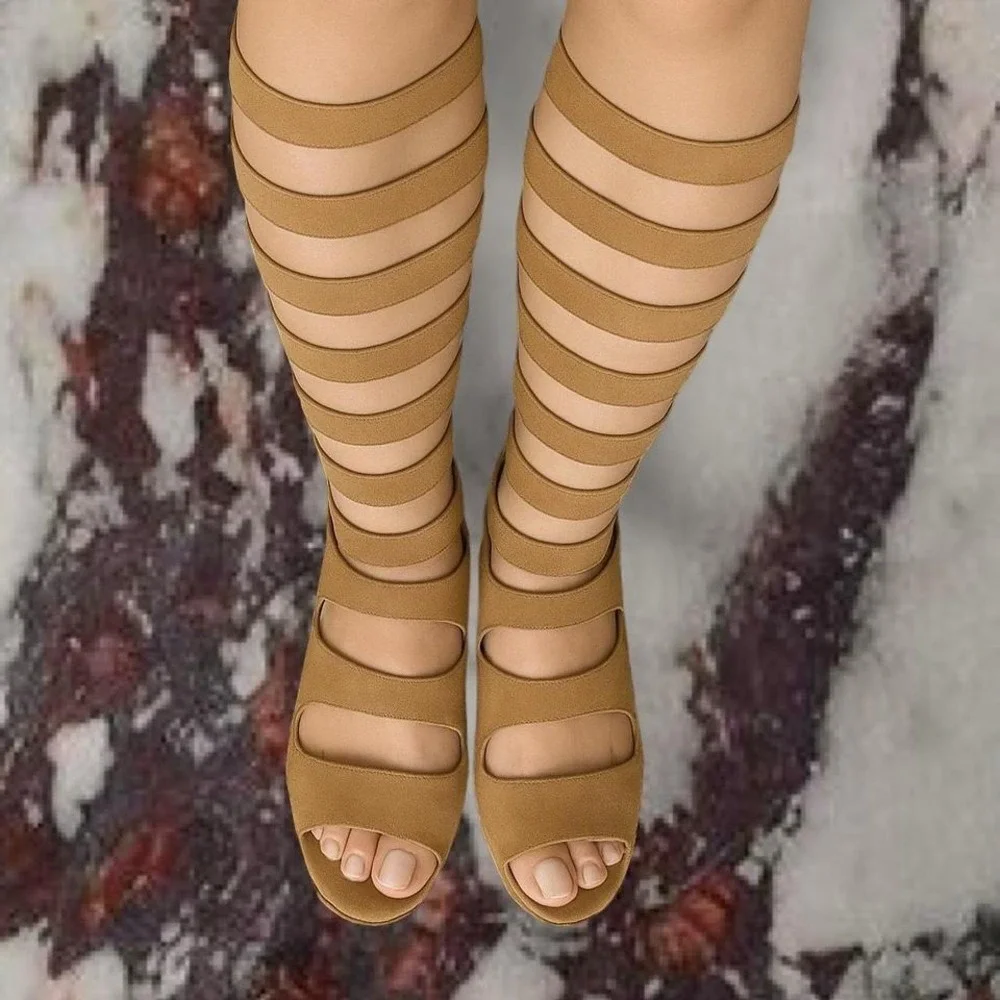 TAN SUEDE Cut Out  GLADIATOR sandal Knee HIGH W Heel Sz 7 Open Toe Boot